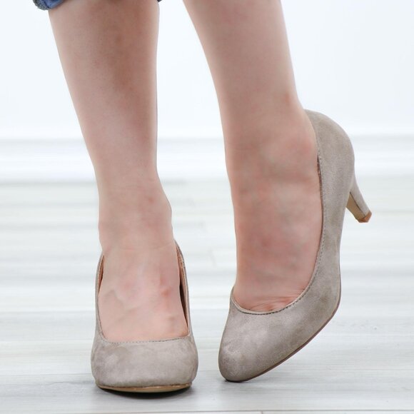 Taupe Suede Round Toe Kitten Low Heel Pumps - Picture 9 of 13